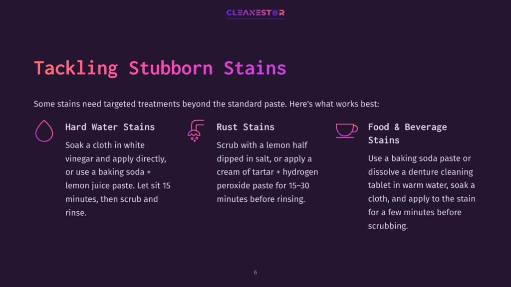 Page 6 Of A Presentation Titled &Quot;Tackling Stubborn Stains,&Quot; Detailing Treatments For Hard Water, Rust, And Food &Amp; Beverage Stains With Icons And Step-By-Step Instructions.