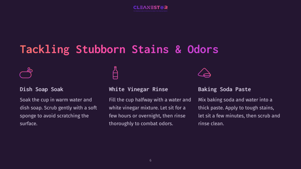 6 Tackling Stubborn Stains And Odors Tackling Stubborn Stains &Amp; Odors: Three Methods For Cleaning Cups: Dish Soap Soak, White Vinegar Rinse, And Baking Soda Paste. Includes Icons And Text Instructions.