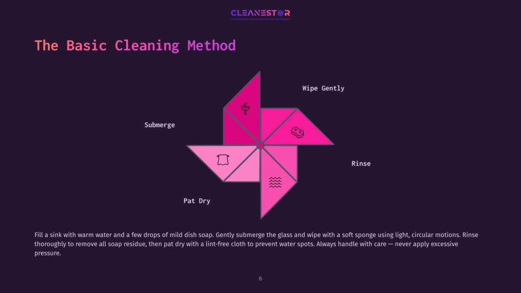 Diagram Illustrating The Basic Cleaning Method With Steps: Wipe Gently, Rinse, Pat Dry, Submerge, And A Central Icon Representing Washing. The Text &Quot;Cleanestor&Quot; Is Visible At The Top.