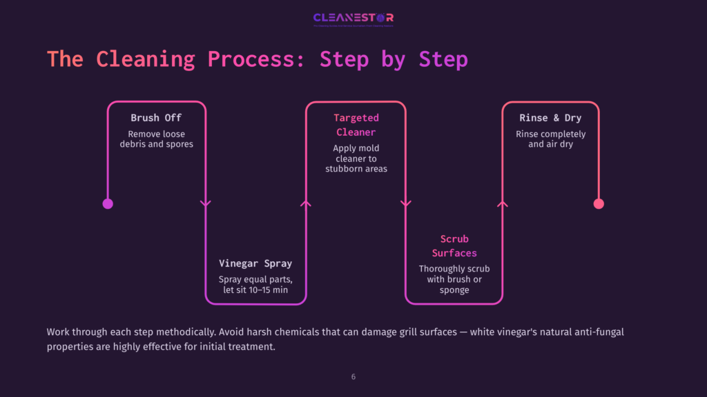 Infographic Detailing The Cleaning Process: Brush Off, Targeted Cleaner, And Rinse &Amp; Dry. Includes Steps Like Removing Debris, Applying Cleaner, And Scrubbing Surfaces.