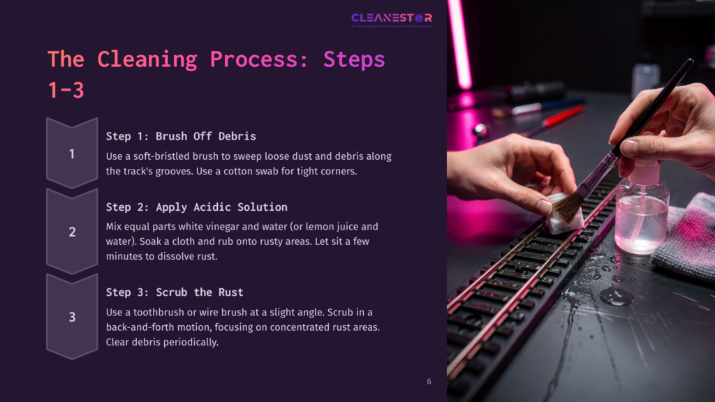 6 The Cleaning Process Steps 1 3 Close-Up Of Hands Cleaning Model Train Tracks With A Brush And Acidic Solution, Detailing The Steps: Brush Off Debris, Apply Acidic Solution, And Scrub The Rust. The Text &Quot;Cleanestor&Quot; Is Visible.