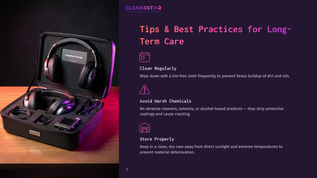 A Black, Hard-Shell Headphone Case Is Open, Revealing A Pair Of Black Over-Ear Headphones, Audio Cables, And Accessories. The Case Interior Is Lined With Protective Foam, And A &Quot;Headphone Storage&Quot; Card Is Visible. The Image Also Shows Text With &Quot;Cleanestor&Quot; Logo And &Quot;Tips &Amp; Best Practices For Long-Term Care&Quot; Including Advice On Cleaning, Avoiding Harsh Chemicals, And Proper Storage.