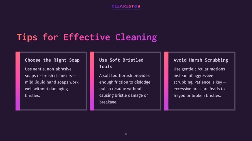 Three Columns With Cleaning Tips: &Quot;Choose The Right Soap,&Quot; &Quot;Use Soft-Bristled Tools,&Quot; And &Quot;Avoid Harsh Scrubbing.&Quot; The Background Is A Dark Purple Gradient.