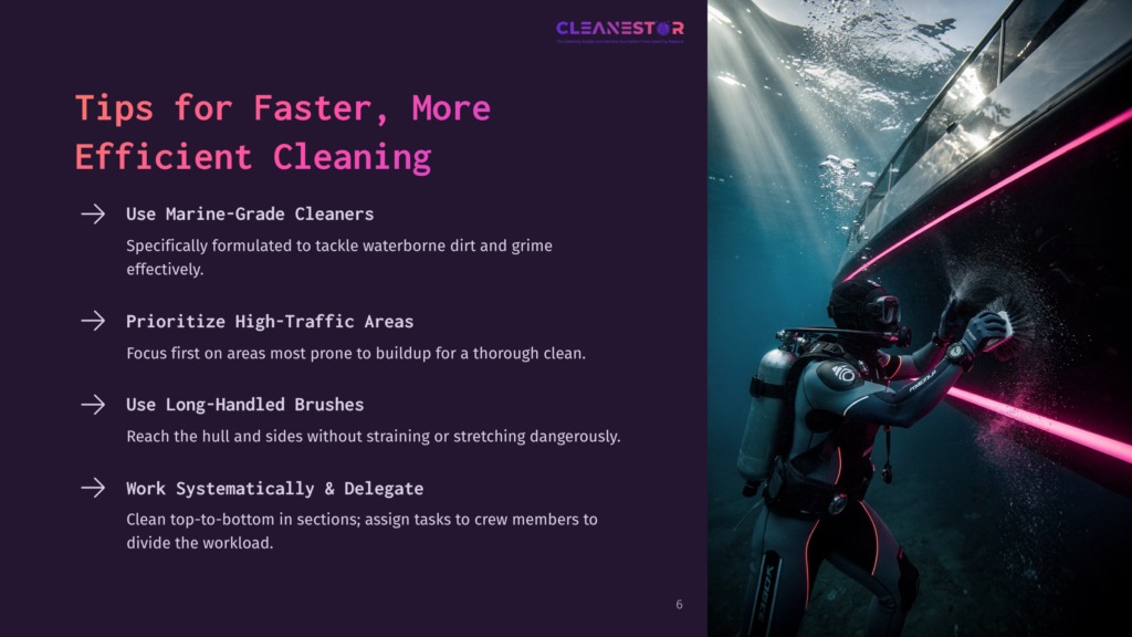 A Diver In A Black And Pink Wetsuit Cleans The Hull Of A Boat Underwater, With Bright Pink Lights Illuminating The Scene And Sunbeams Filtering Through The Water.