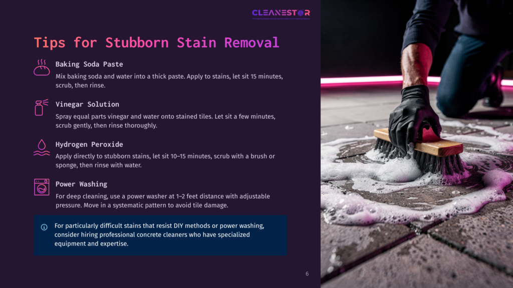 A Gloved Hand Scrubs A Stained Concrete Patio With A Stiff Brush, Creating A Foamy Lather. The Image Is Part Of A Guide On Stubborn Stain Removal.