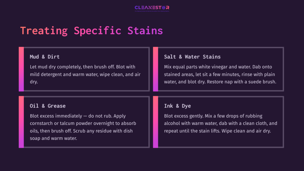 Infographic Titled &Quot;Treating Specific Stains&Quot; With Four Sections: Mud &Amp; Dirt, Salt &Amp; Water Stains, Oil &Amp; Grease, And Ink &Amp; Dye, Offering Cleaning Advice.