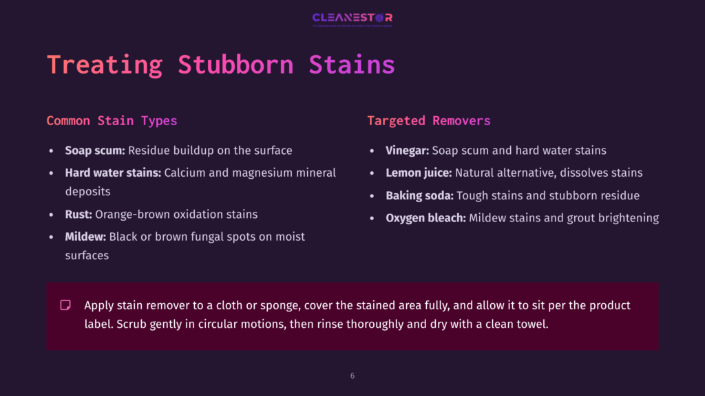 6 Treating Stubborn Stains Slide Titled &Quot;Treating Stubborn Stains&Quot; From Cleanestor, Listing Common Stain Types Like Soap Scum, Hard Water Stains, Rust, And Mildew, And Targeted Removers Like Vinegar, Lemon Juice, Baking Soda, And Oxygen Bleach.