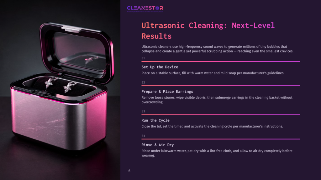 6 Ultrasonic Cleaning Next Level Results Cleanestor Ultrasonic Cleaner With A Pink Glow, Holding A Pair Of Sparkling Diamond Earrings Submerged In Water, With Instructions For Ultrasonic Cleaning Displayed On The Right.