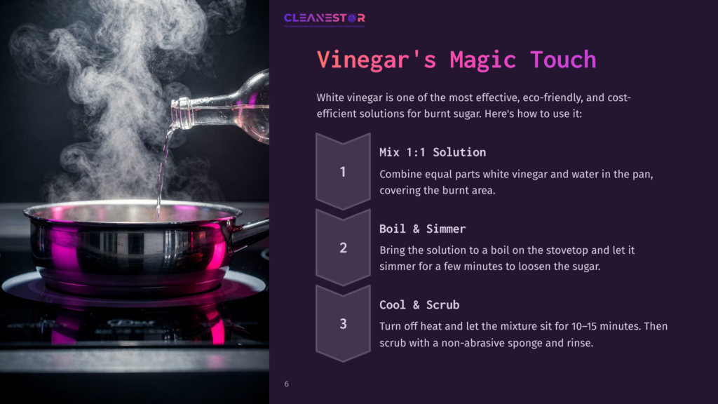 Close-Up Of White Vinegar Being Poured From A Glass Bottle Into A Steaming Pot On A Black Stovetop, With Text Overlay &Quot;Vinegar'S Magic Touch&Quot; And Instructions For Cleaning Burnt Sugar.