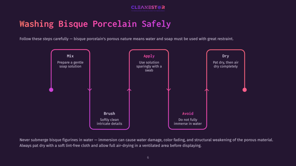 Infographic Titled &Quot;Washing Bisque Porcelain Safely&Quot; Detailing Steps: Mix, Apply, And Dry, With Instructions On Gentle Cleaning For Porous Bisque Porcelain Figurines To Prevent Water Damage And Color Fading.