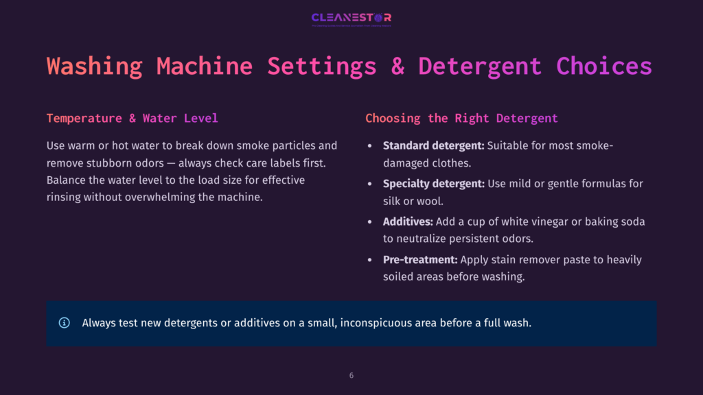 Slide Titled &Quot;Washing Machine Settings &Amp; Detergent Choices&Quot; From Cleanestor, Detailing Temperature, Water Level, And Detergent Types For Optimal Laundry Care.