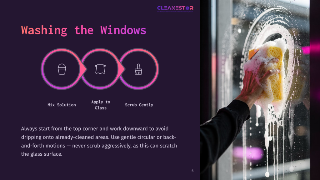 Cleanestor Logo And Text: &Quot;Washing The Windows&Quot; With Icons For Mixing Solution, Applying To Glass, And Scrubbing. A Hand With A Yellow Sponge Scrubs A Wet, Soapy Window.