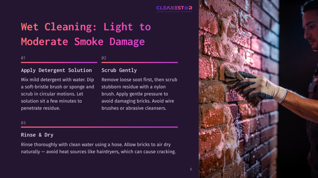A Man In Gloves Scrubs A Brick Wall Covered In White Soap Suds, Demonstrating Wet Cleaning For Smoke Damage Restoration. Text On The Left Outlines Cleaning Steps: Apply Detergent Solution, Scrub Gently, Rinse &Amp; Dry.