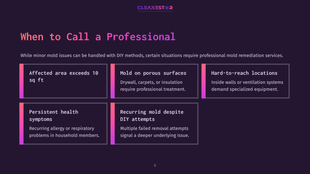 Infographic Titled &Quot;When To Call A Professional&Quot; Listing Conditions Requiring Professional Mold Remediation: Affected Area Exceeding 10 Sq Ft, Mold On Porous Surfaces, Hard-To-Reach Locations, Persistent Health Symptoms, And Recurring Diy Attempts.