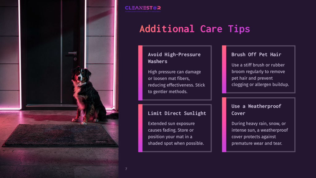 7 Additional Care Tips 1 A Bernese Mountain Dog Sits On A Rug In Front Of A Doorway With Pink Lighting. The Background Contains A Purple Banner With White Text That Reads &Quot;Additional Care Tips&Quot; And Provides Information About Avoiding High-Pressure Washers, Using A Brush To Remove Pet Hair, Limiting Direct Sunlight, And Using A Waterproof Cover.