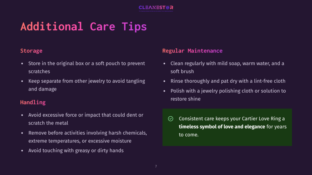 7 Additional Care Tips A Dark Purple Slide With The Title &Quot;Additional Care Tips&Quot; For Cartier Love Rings, Detailing Storage And Maintenance Advice.