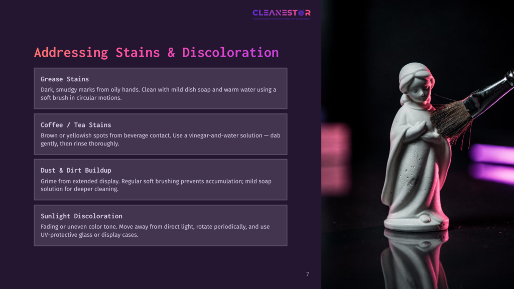 A White Ceramic Figurine Of A Woman Is Being Dusted By A Paintbrush, With Text About Addressing Stains And Discoloration On The Left.