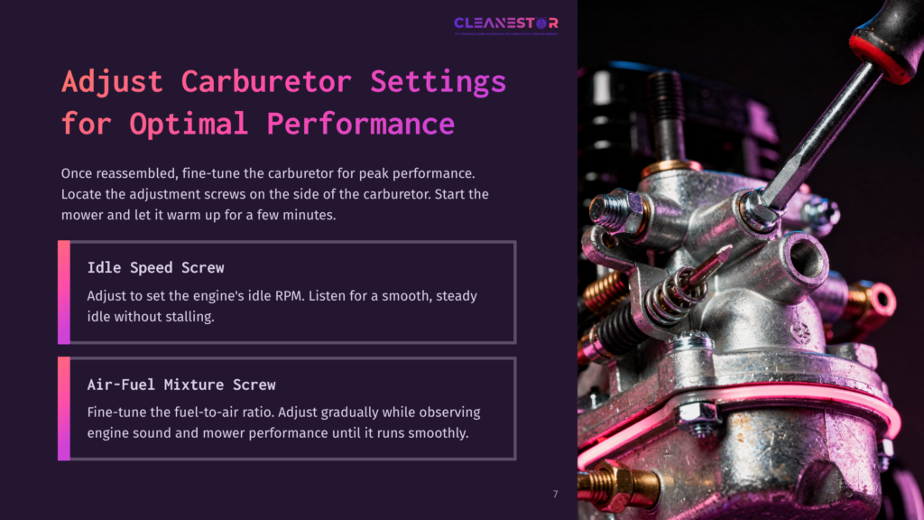 Close-Up Of A Carburetor With A Screwdriver Adjusting The Idle Speed Screw, With Text Overlay About Adjusting Carburetor Settings For Optimal Performance.