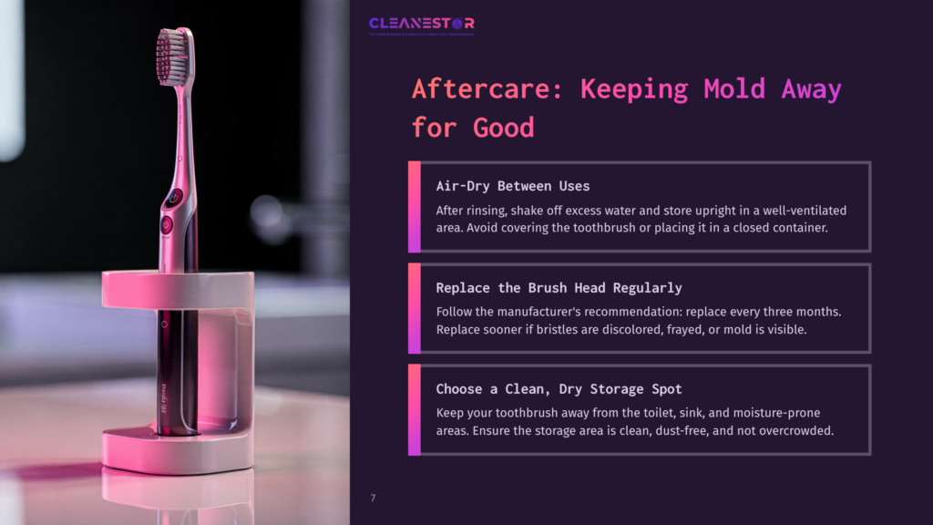 Cleanestor Toothbrush Aftercare Tips: Air-Dry, Replace Brush Head, And Store In A Clean, Dry Spot. A Pink Electric Toothbrush In A White Holder Is Shown.