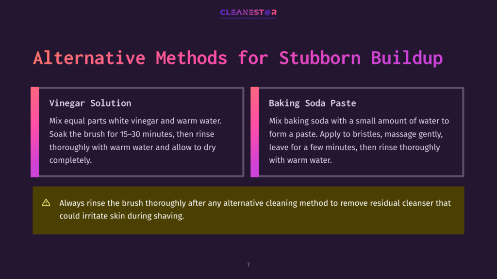 7 Alternative Methods For Stubborn Buildup Two Panels Detailing Alternative Methods For Stubborn Buildup On A Shaving Brush: One For A Vinegar Solution And One For A Baking Soda Paste. A Warning About Rinsing The Brush Is Also Visible.