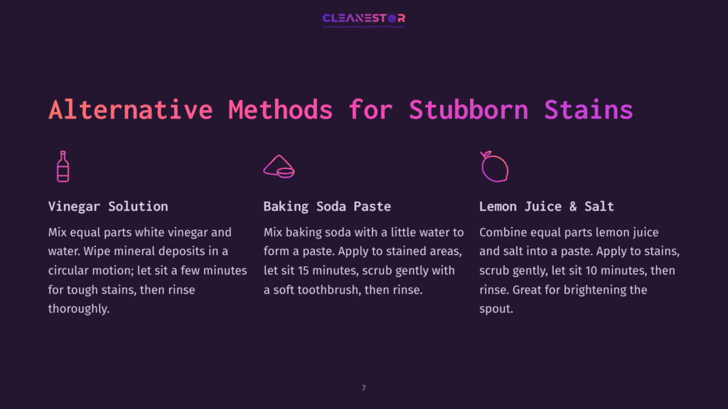 7 Alternative Methods For Stubborn Stains Cleanestor Graphic Titled &Quot;Alternative Methods For Stubborn Stains&Quot; Showing Three Icons: A Bottle For Vinegar Solution, A Mortar And Pestle For Baking Soda Paste, And A Lemon For Lemon Juice &Amp; Salt, With Descriptions Of Each Stain Removal Method.