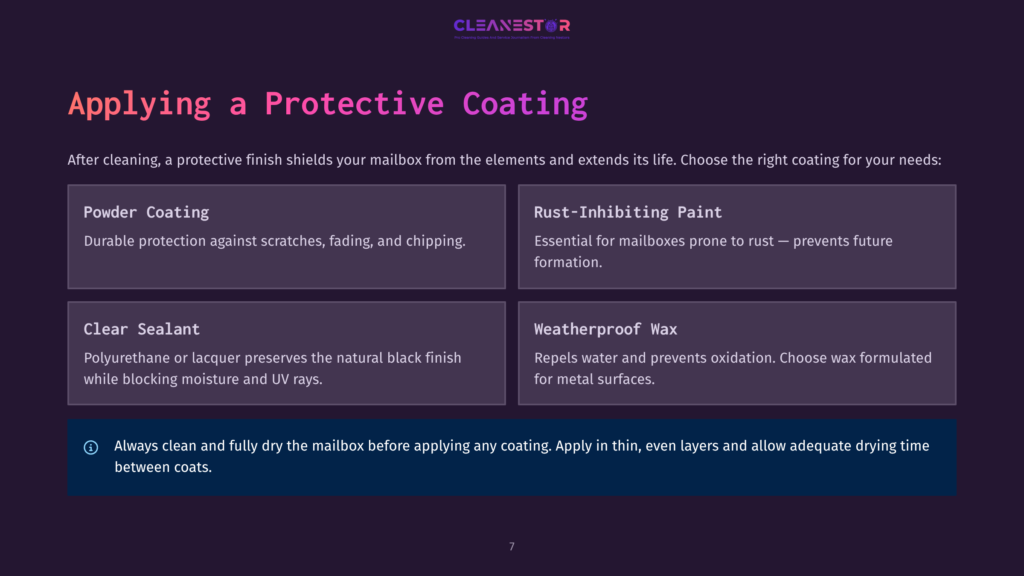 7 Applying A Protective Coating Image Displaying Four Options For Mailbox Protective Coatings: Powder Coating, Rust-Inhibiting Paint, Clear Sealant, And Weatherproof Wax, With A &Quot;Cleanestor&Quot; Logo At The Top.