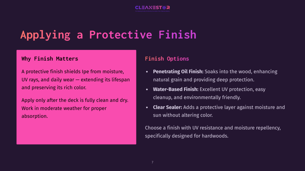 7 Applying A Protective Finish Slide Titled &Quot;Applying A Protective Finish&Quot; With &Quot;Why Finish Matters&Quot; And &Quot;Finish Options&Quot; Sections. The &Quot;Why Finish Matters&Quot; Section Details How Protective Finishes Shield Wood From Moisture, Uv Rays, And Wear, And Are Best Applied In Moderate Weather. The &Quot;Finish Options&Quot; Section Lists &Quot;Penetrating Oil Finish&Quot; And &Quot;Water-Based Finish&Quot; As Choices.