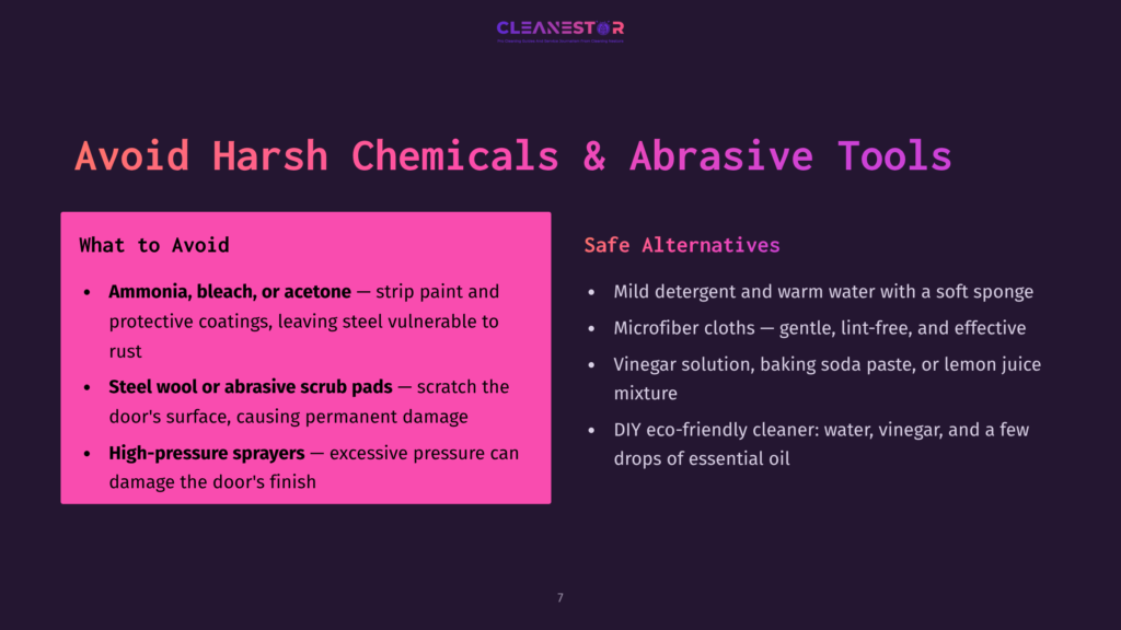 Slide Titled &Quot;Avoid Harsh Chemicals &Amp; Abrasive Tools&Quot; From Cleanestor, Listing Harmful Cleaning Products Like Ammonia And High-Pressure Sprayers, And Safe Alternatives Such As Microfiber Cloths And Vinegar Solutions.