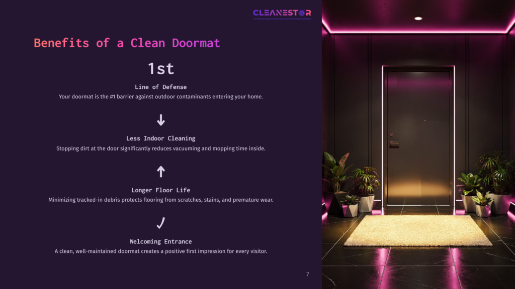 7 Benefits Of A Clean Doormat A Clean Doormat Sits In Front Of A Modern, Well-Lit Doorway, With Plants On Either Side. Text On The Left Highlights The Benefits Of A Clean Doormat: &Quot;Line Of Defense,&Quot; &Quot;Less Indoor Cleaning,&Quot; &Quot;Longer Floor Life,&Quot; And &Quot;Welcoming Entrance.