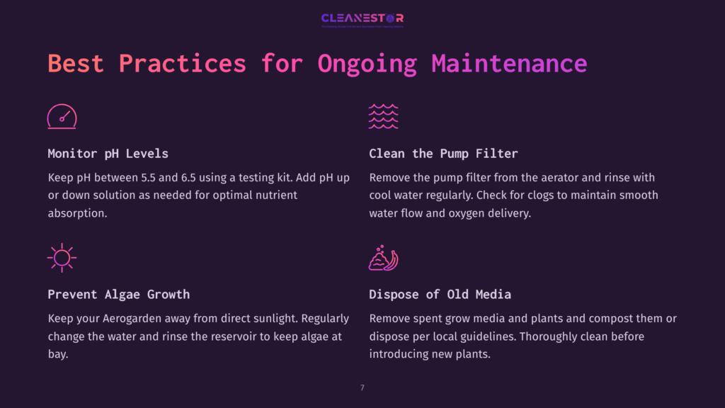 7 Best Practices For Ongoing Maintenance Infographic With &Quot;Cleanestor&Quot; Logo At The Top, Detailing Best Practices For Ongoing Maintenance Of Hydroponic Systems, Including Monitoring Ph Levels, Cleaning The Pump Filter, Preventing Algae Growth, And Disposing Of Old Media.