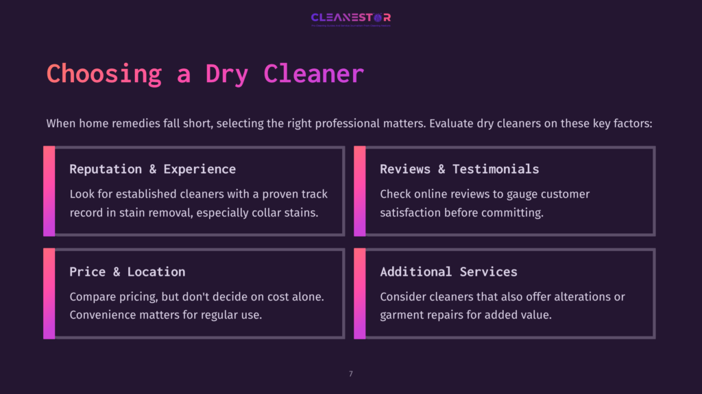 A Dark Purple Background With The Text &Quot;Choosing A Dry Cleaner&Quot; In Large Pink Letters. Below, Four Boxes Detail Factors For Choosing A Dry Cleaner: Reputation &Amp; Experience, Reviews &Amp; Testimonials, Price &Amp; Location, And Additional Services.