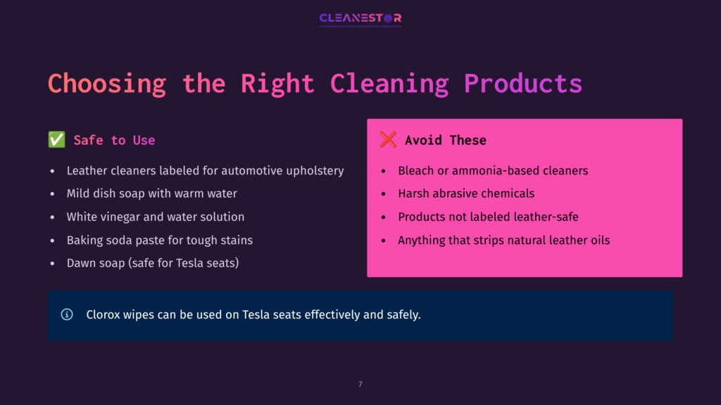 Infographic Titled &Quot;Choosing The Right Cleaning Products&Quot; With A Green Checkmark List Of Safe Cleaning Options For Leather Car Seats And A Pink 'X' List Of Products To Avoid, Including &Quot;Bleach Or Ammonia-Based Cleaners&Quot; And &Quot;Harsh Abrasive Chemicals.