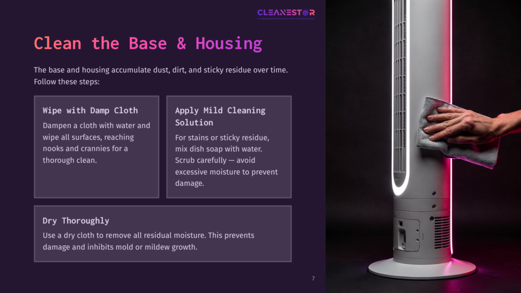 A Hand Holding A Grey Cloth Wipes Down The White Base Of A Tall, Modern Tower Fan With Led Lighting. Instructions For Cleaning The Fan Base Are Visible On The Left.