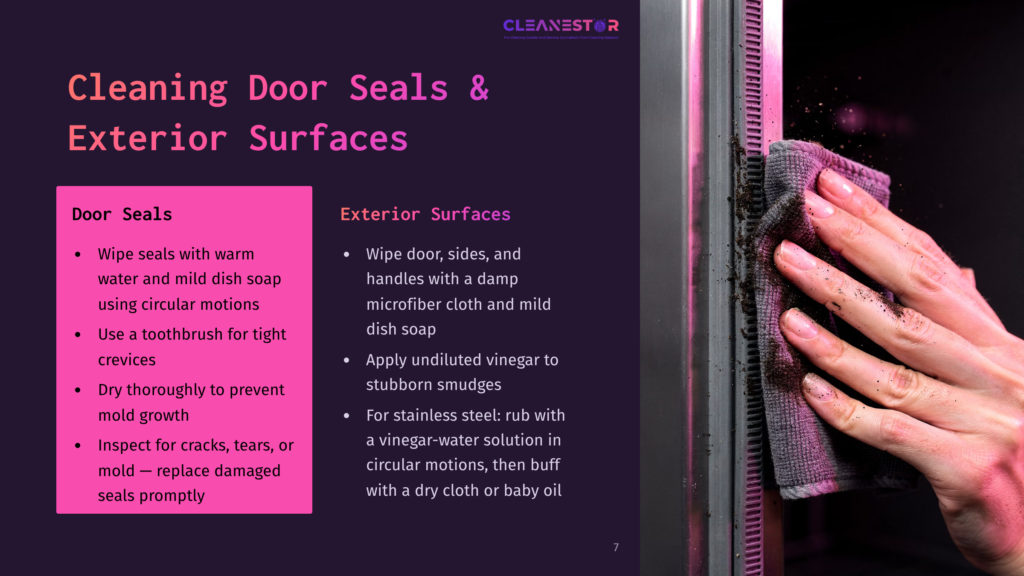 Close-Up Of Hands Cleaning A Stainless Steel Refrigerator Door Seal With A Gray Microfiber Cloth, Showing Dirt And Grime Being Removed From The Exterior Surfaces And Door Seals.