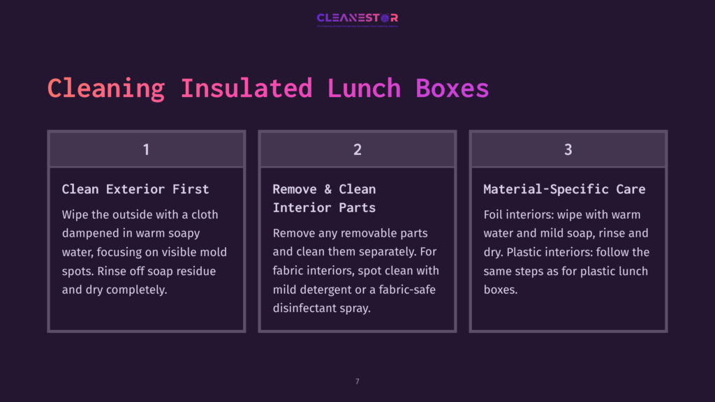 Infographic Titled &Quot;Cleaning Insulated Lunch Boxes&Quot; From Cleanestor, Detailing Steps For Cleaning Exterior, Interior Parts, And Material-Specific Care For Lunch Boxes.