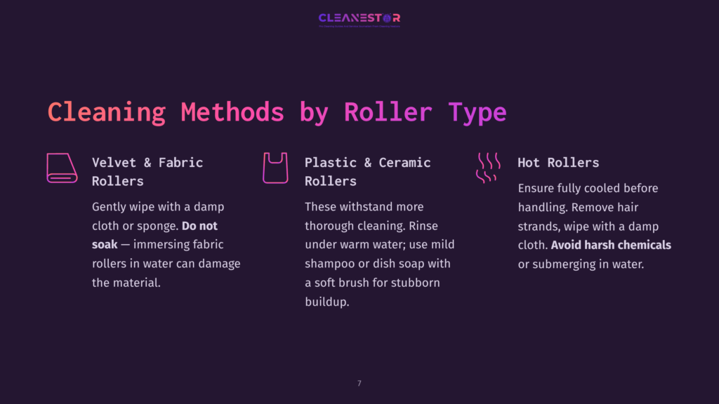 7 Cleaning Methods By Roller Type Infographic Detailing Cleaning Methods For Different Roller Types: Velvet &Amp; Fabric Rollers, Plastic &Amp; Ceramic Rollers, And Hot Rollers, With Cleaning Instructions For Each.