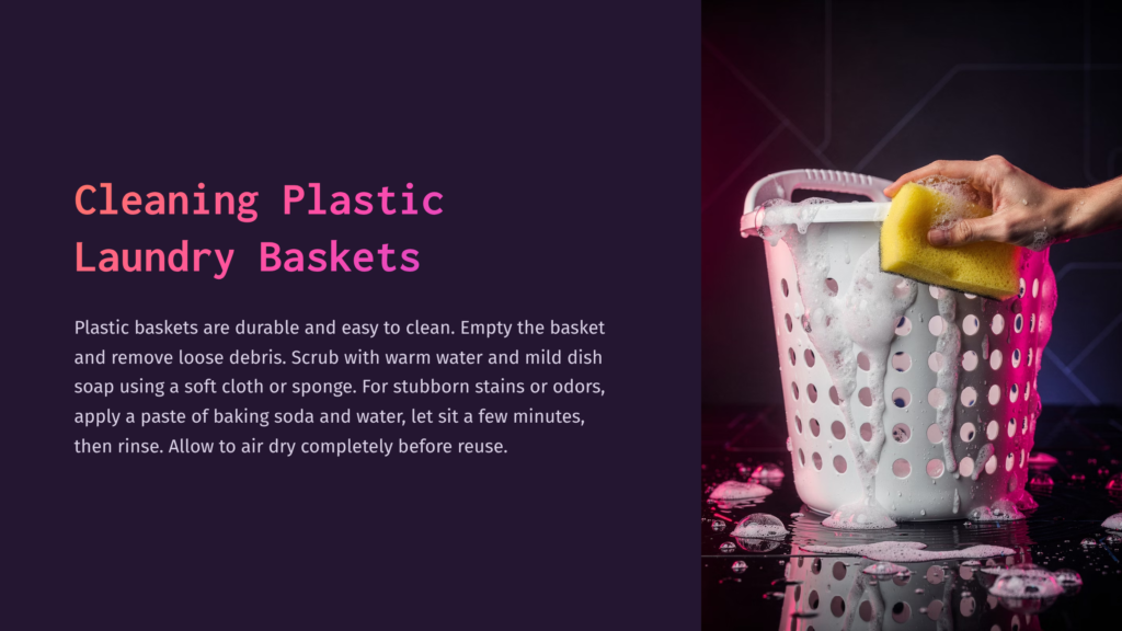 7 Cleaning Plastic Laundry Baskets A Hand Scrubs A White Plastic Laundry Basket With A Yellow Sponge And Soap Suds. The Basket Has Holes And Is Filled With Suds, With More Suds Spilling Onto A Dark, Reflective Surface. The Text &Quot;Cleaning Plastic Laundry Baskets&Quot; Is Visible On The Left.