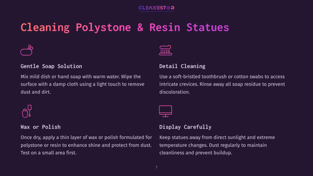 Infographic Detailing How To Clean Polystone &Amp; Resin Statues. Includes Steps For Gentle Soap Solution, Detail Cleaning, Waxing, And Display Care, With Icons For Each Step.