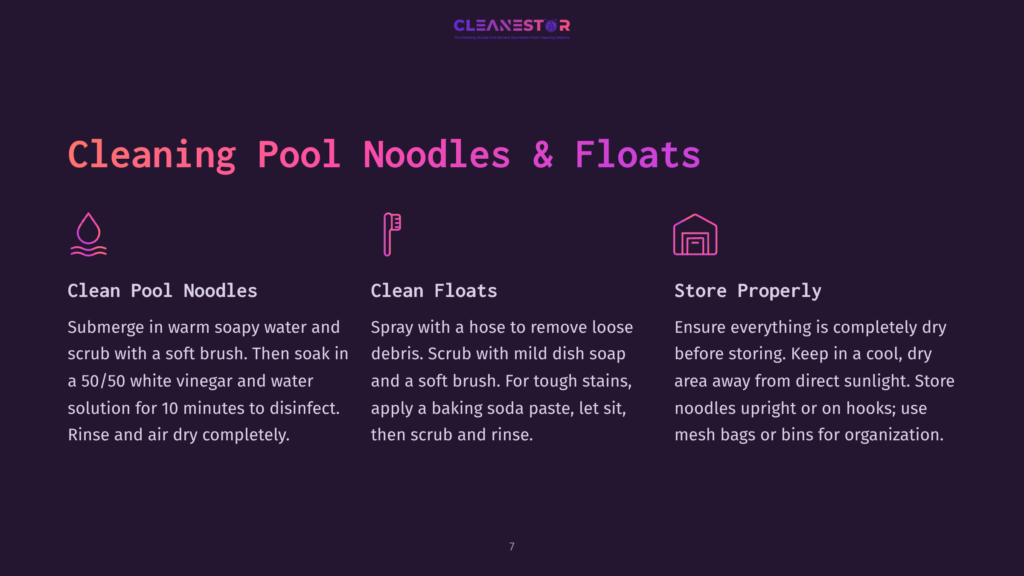 Infographic On Cleaning Pool Noodles And Floats. Includes Icons For Cleaning Noodles And Floats, And Storing Them Properly. Text Details Cleaning Solutions And Methods.