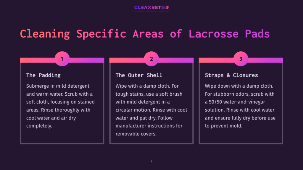 7 Cleaning Specific Areas Of Lacrosse Pads Infographic Titled &Quot;Cleaning Specific Areas Of Lacrosse Pads&Quot; With Three Sections Detailing How To Clean Padding, Outer Shell, And Straps And Closures.