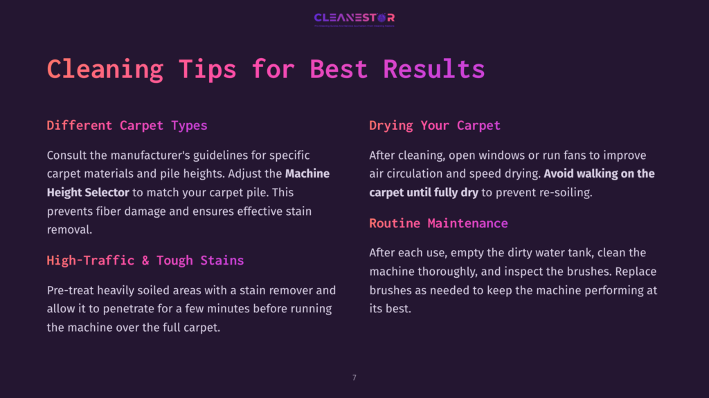 Cleaning Tips For Best Results: &Quot;Different Carpet Types&Quot; And &Quot;Routine Maintenance&Quot; Sections With Text On A Dark Purple Background.