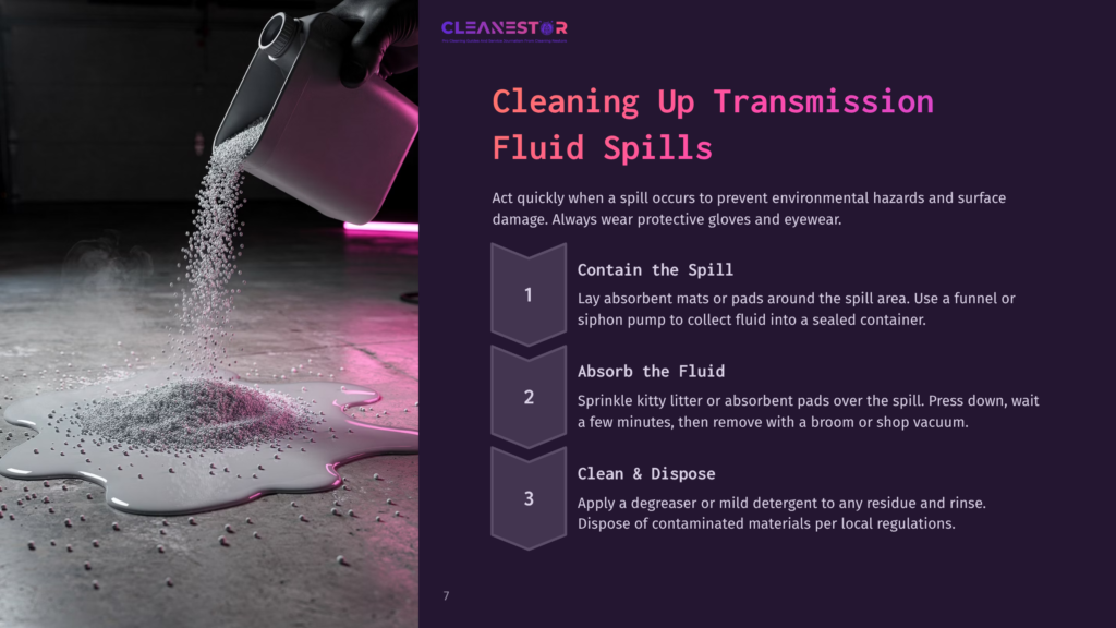 Close-Up Of A Gloved Hand Pouring White Granular Absorbent Material Onto A Slick, Gray Transmission Fluid Spill On A Concrete Floor. The Text &Quot;Cleanestor&Quot; And &Quot;Cleaning Up Transmission Fluid Spills&Quot; Is Visible.