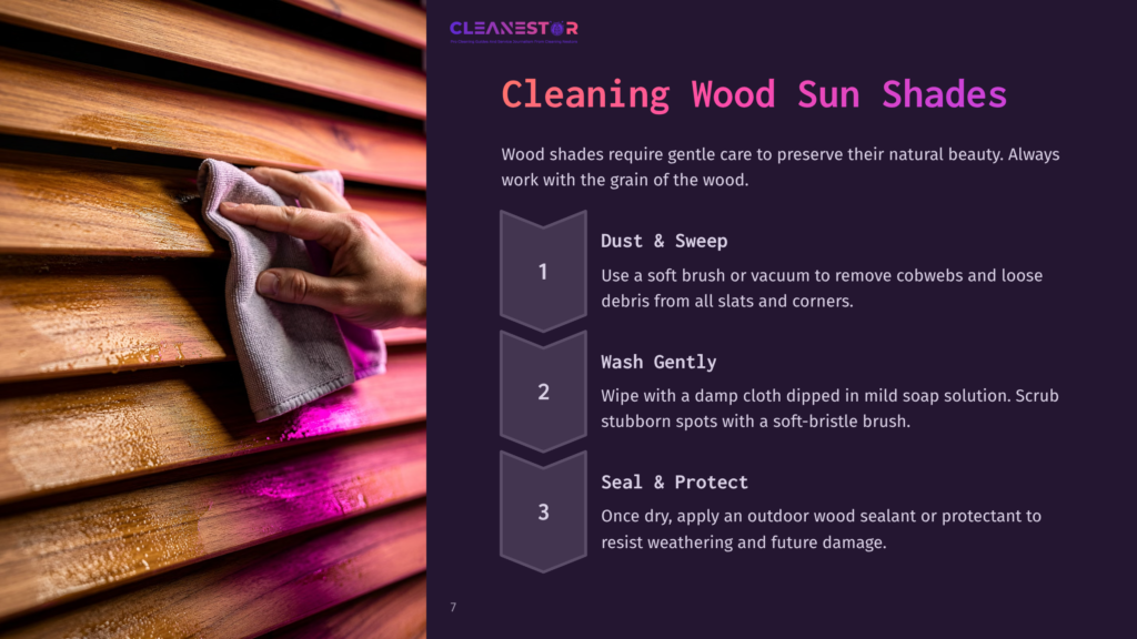 7 Cleaning Wood Sun Shades Close-Up Of A Hand Wiping Wooden Sun Shades With A Gray Microfiber Cloth, Showing The Cleaning Process With Water Droplets. Text Overlay Reads &Quot;Cleanestor&Quot; And &Quot;Cleaning Wood Sun Shades&Quot;.