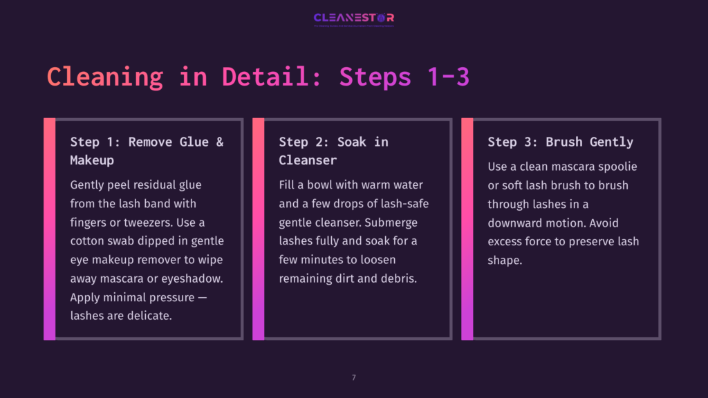Infographic Detailing Steps 1-3 For Cleaning Lash Extensions: &Quot;Remove Glue &Amp; Makeup,&Quot; &Quot;Soak In Cleanser,&Quot; And &Quot;Brush Lash Spoolie.