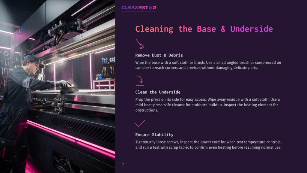 Cleanestor Logo And Text &Quot;Cleaning The Base &Amp; Underside&Quot; With Illustrated Steps For Removing Dust, Cleaning The Underside, And Ensuring Stability For Industrial Equipment.