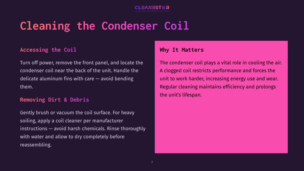 Slide Titled &Quot;Cleaning The Condenser Coil&Quot; With Text Explaining How To Clean The Coil And Why It Matters, With A Pink Background.