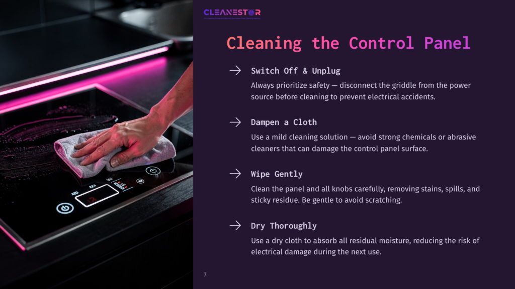 A Hand With A Grey Microfiber Cloth Cleans A Black Glass Stovetop Control Panel With Glowing Pink Elements. Numbers And Symbols Are Visible On The Panel.