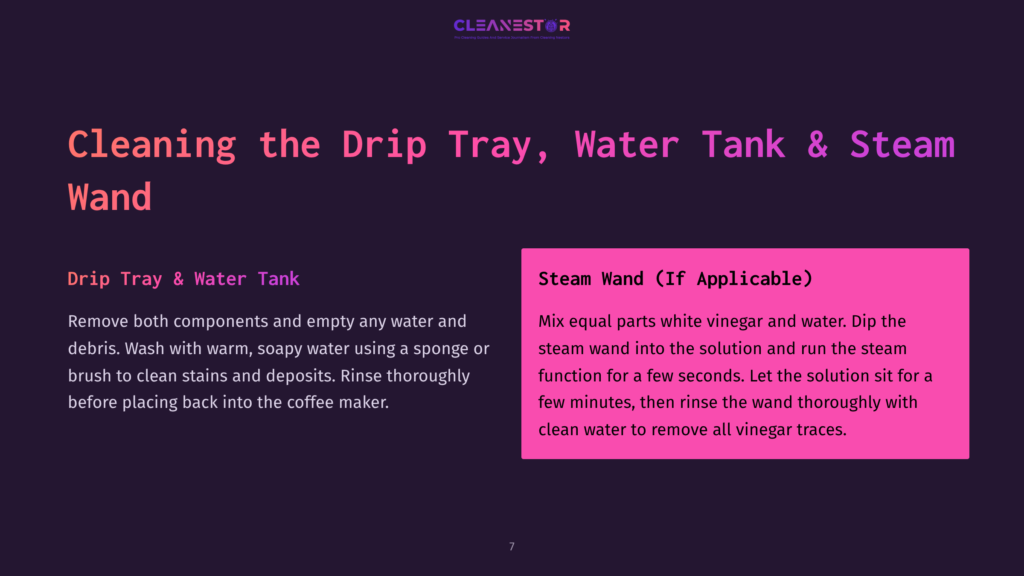 7 Cleaning The Drip Tray Water Tank And Steam Wand Instructions For Cleaning A Drip Tray, Water Tank, And Steam Wand For A Coffee Maker. The Text Highlights Using Warm, Soapy Water For The Drip Tray And A Vinegar Solution For The Steam Wand.