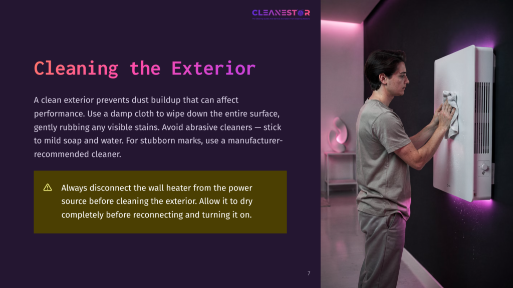 A Man Cleans A White Wall-Mounted Heater With A Cloth, The Heater Glowing With Purple Light. Text On The Left Reads &Quot;Cleaning The Exterior&Quot; And &Quot;Always Disconnect The Wall Heater From The Power Source Before Cleaning The Exterior.