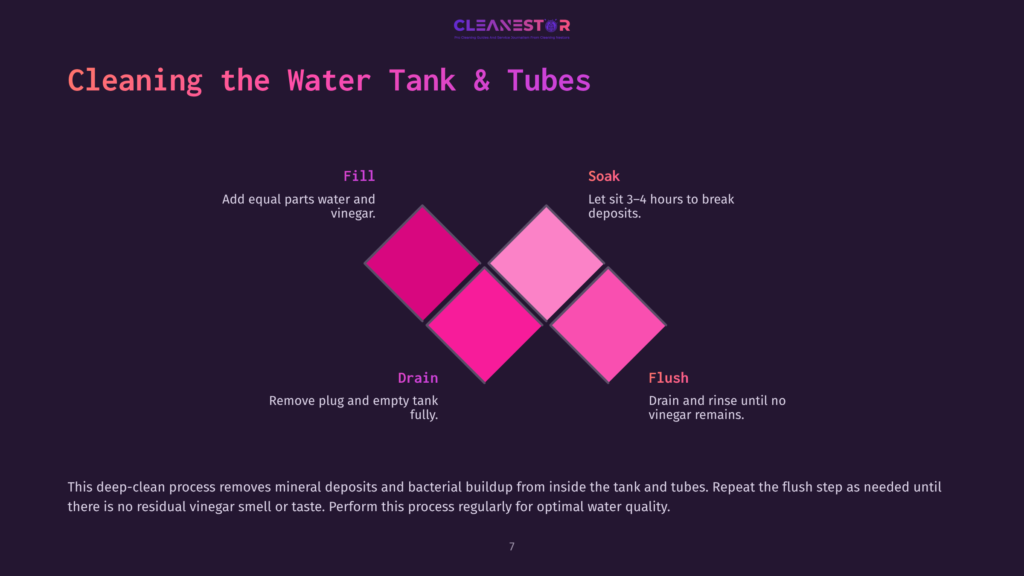 Diagram Showing The Four Steps To Clean A Water Tank And Tubes: Fill, Soak, Drain, And Flush. The Steps Are Illustrated With Colorful Rhombuses And Brief Instructions.